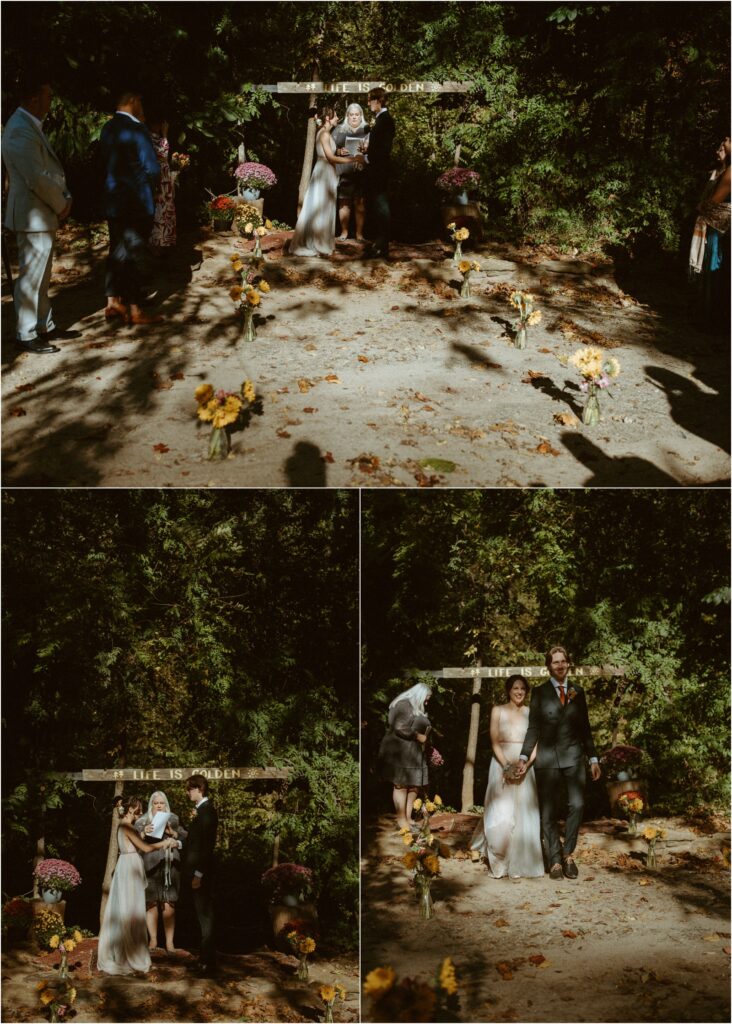 Campground intimate wedding ceremony, with bride and groom under the phrase "Life is golden".