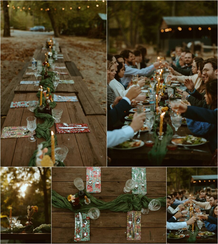 Table prep, food, guests eating at campground intimate wedding.