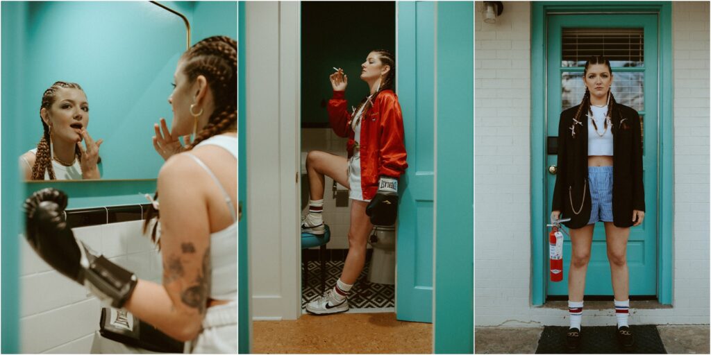 Images of a strong woman with boxing gloves in front of a teal door.