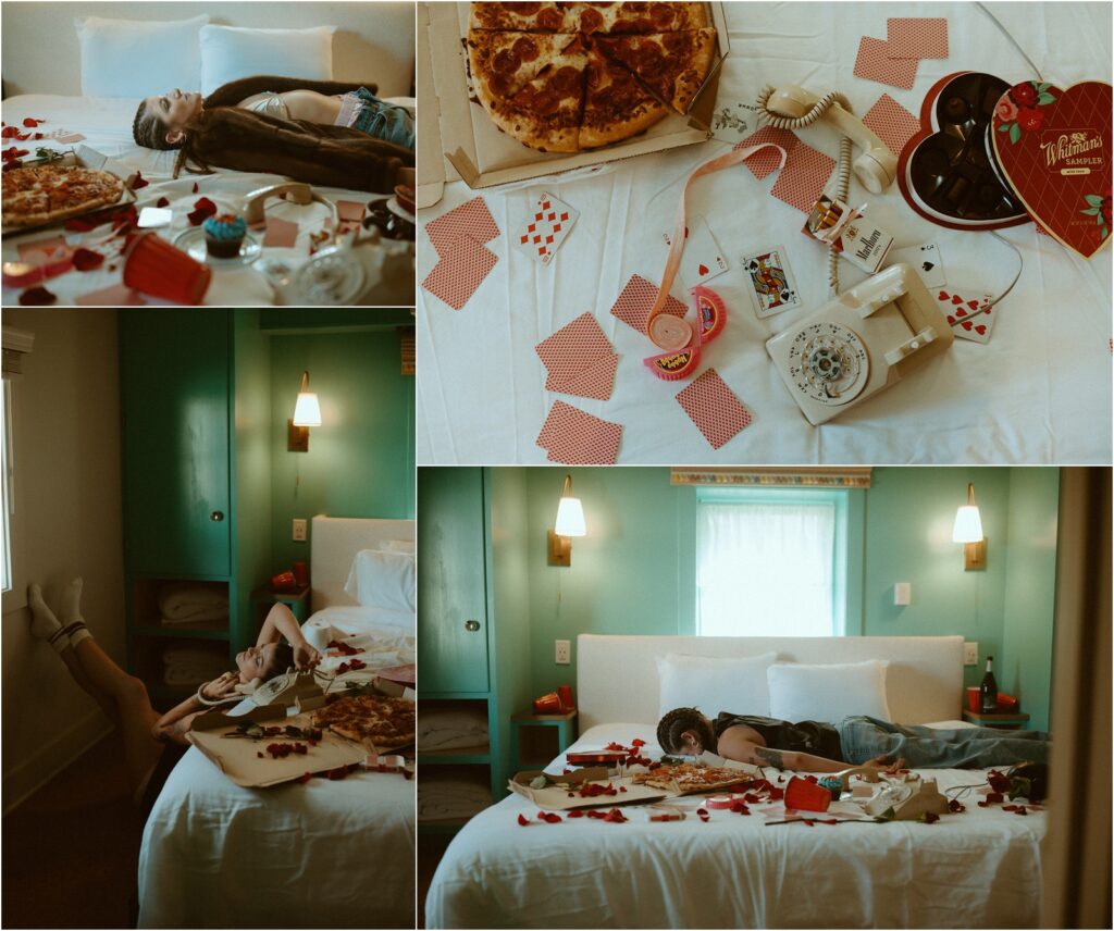 Breakup photoshoot with pizza, cards, chocolates and a phone on the bed and worn down girl.