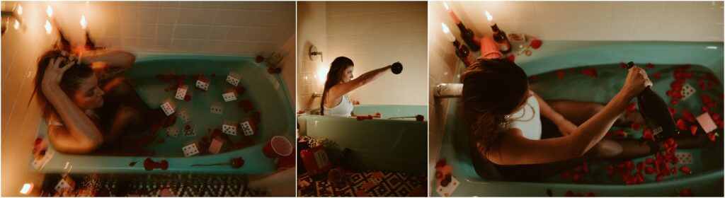 Girl in tub with cards and rose peddles for a breakup unique, stylized photoshoot.