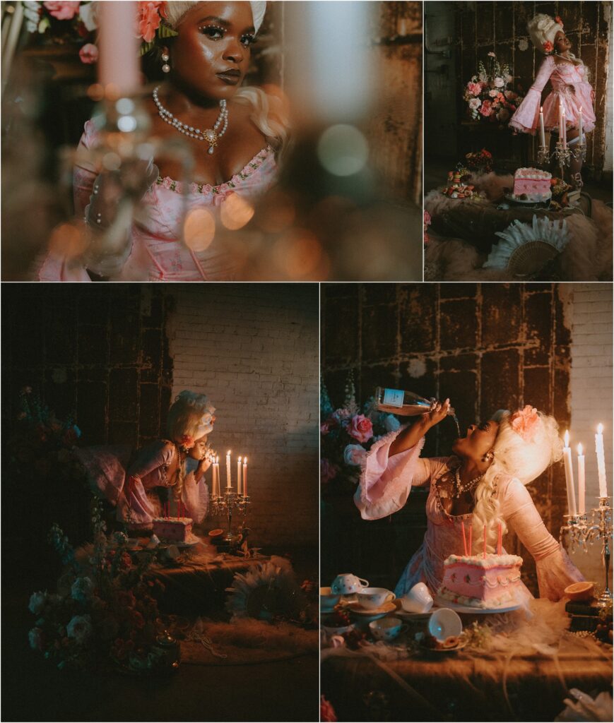 Unique Birthday Photoshoot in Victorian outfit with cake and candles.