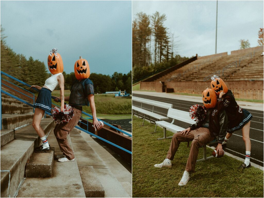 A couple wearing pumkin heads and sports uniforms during a unique photoshoot.