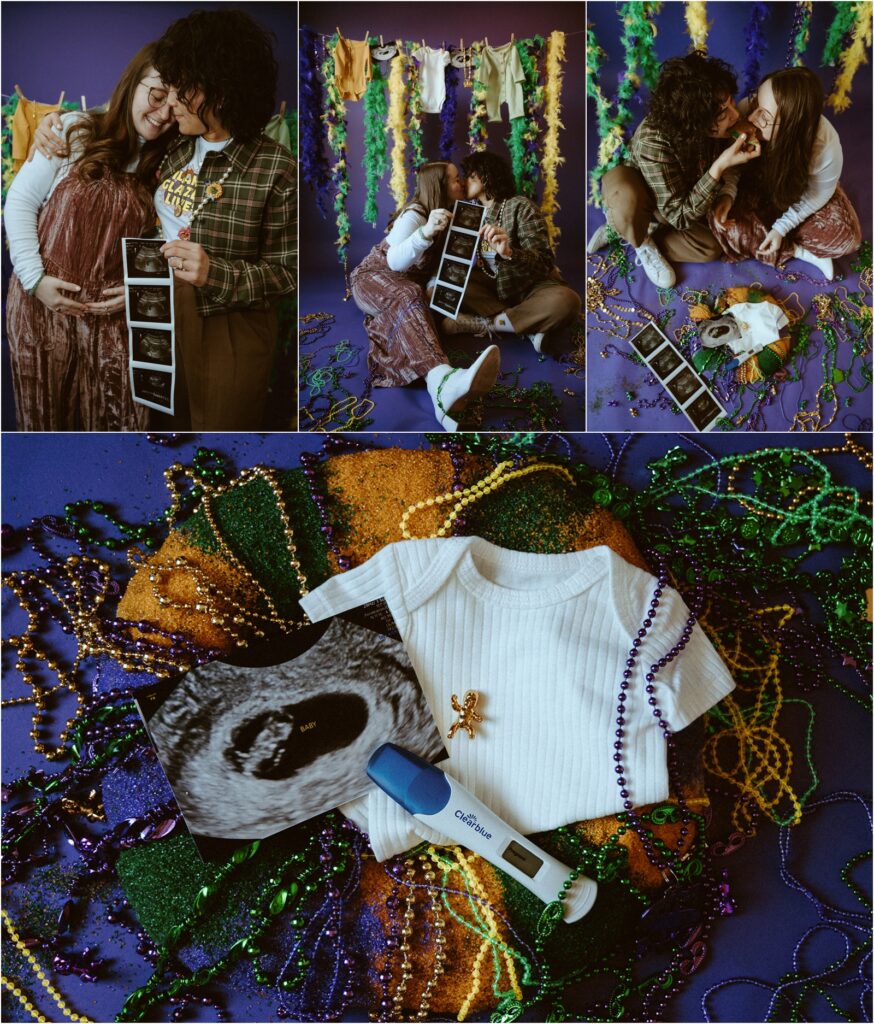 Unique photoshoot of Mardi Gras themed baby announcement for two moms with sonogram images and lots of beads.
