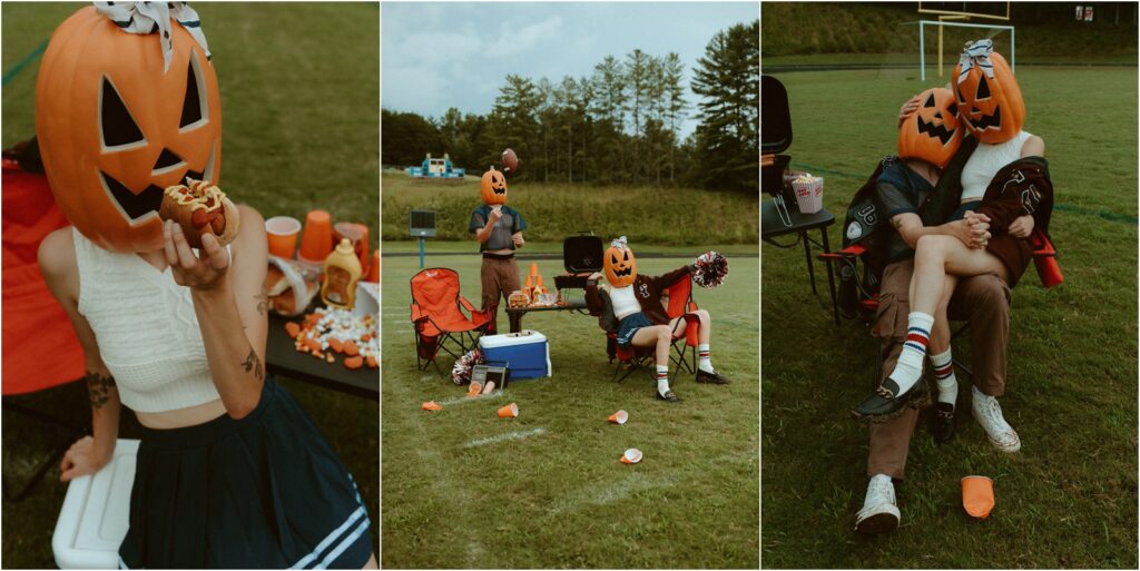 Preppy pumpkin heads on a football field enjoying snacks.