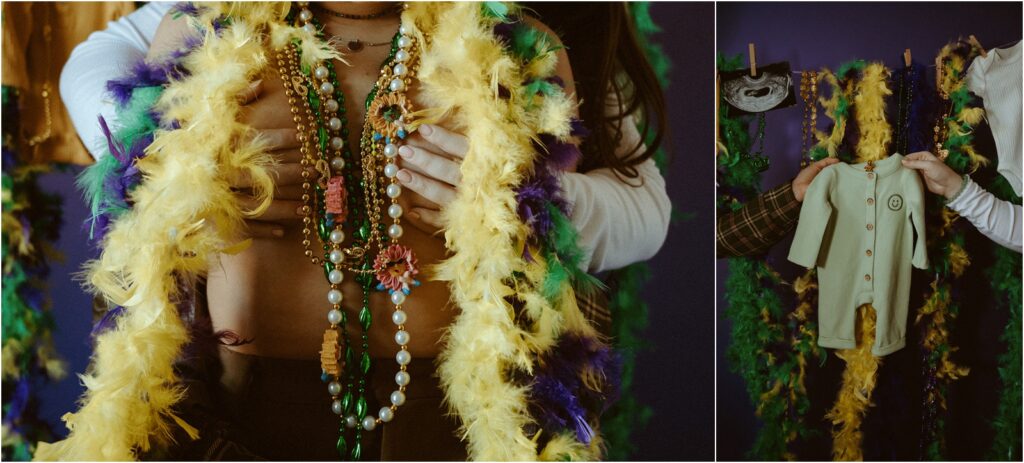 Mardi Gras themed pregnancy announcement with boas and a baby's onesie.