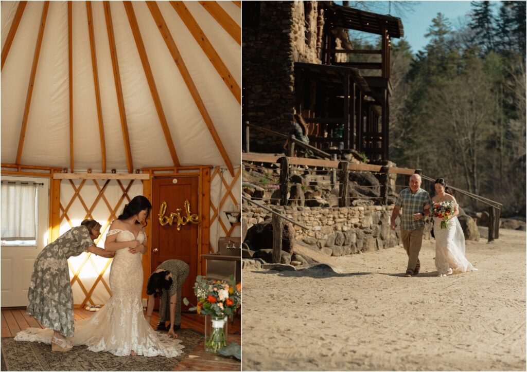 Bride at a an affordable elopement in NC getting ready in a yurt and walking down the beach to the ceremony with her father