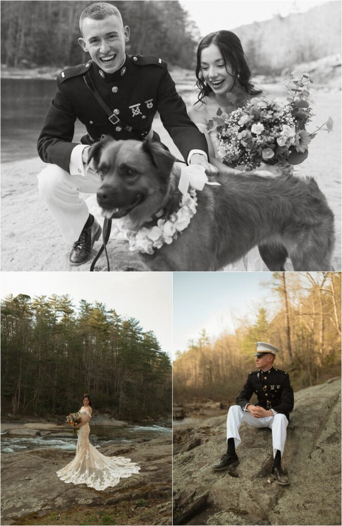 Wedding couple with their dog and separate Bride and Groom Portrait