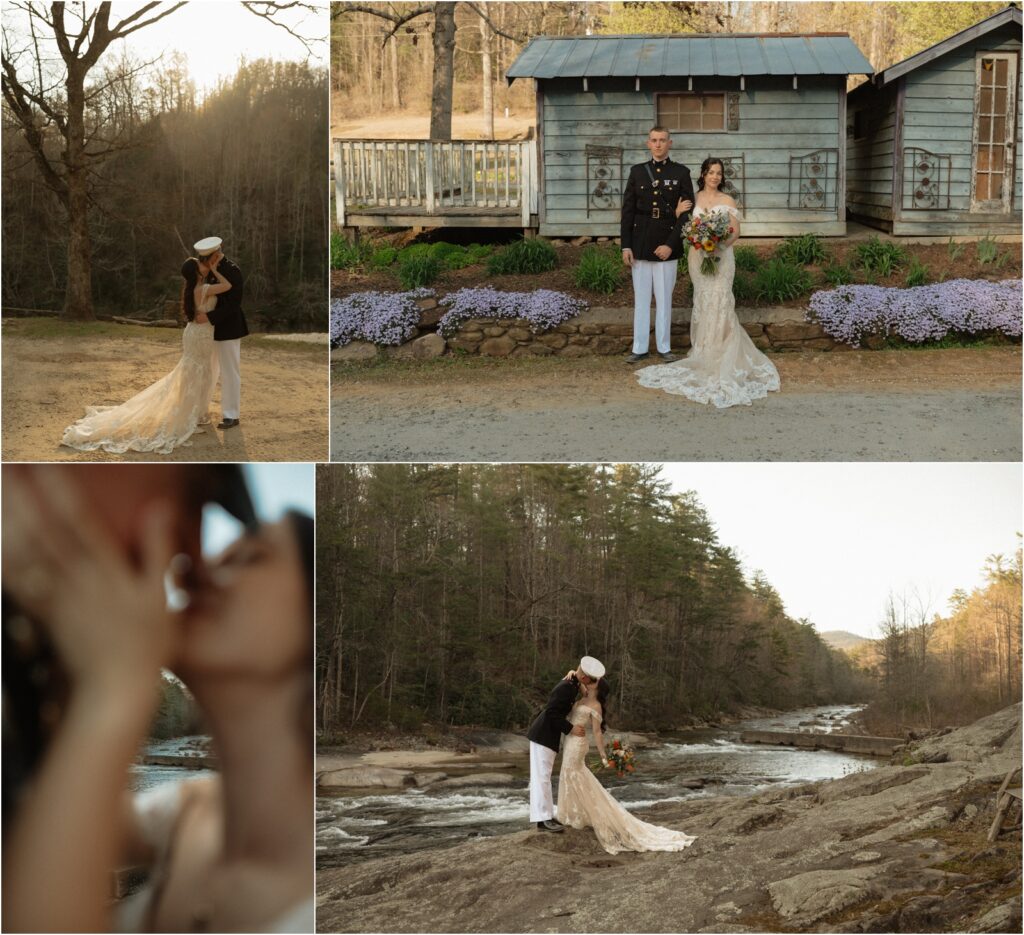 Wedding Couple Portraits at Brown Mountain Beach Resort for their affordable elopement package. One Kissing in the meadow, one in front of the old style house and another in front of the river.